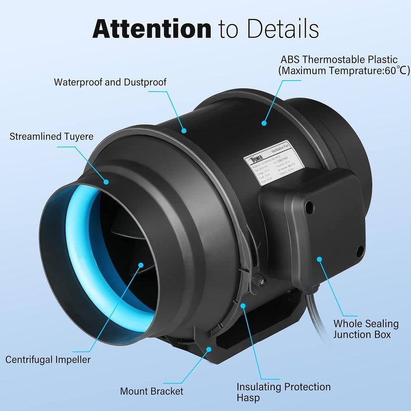 I-Power 6 Inch 318 CFM Inline Duct Ventilation Fan Combo, for Grow Tent, Black - Image 2